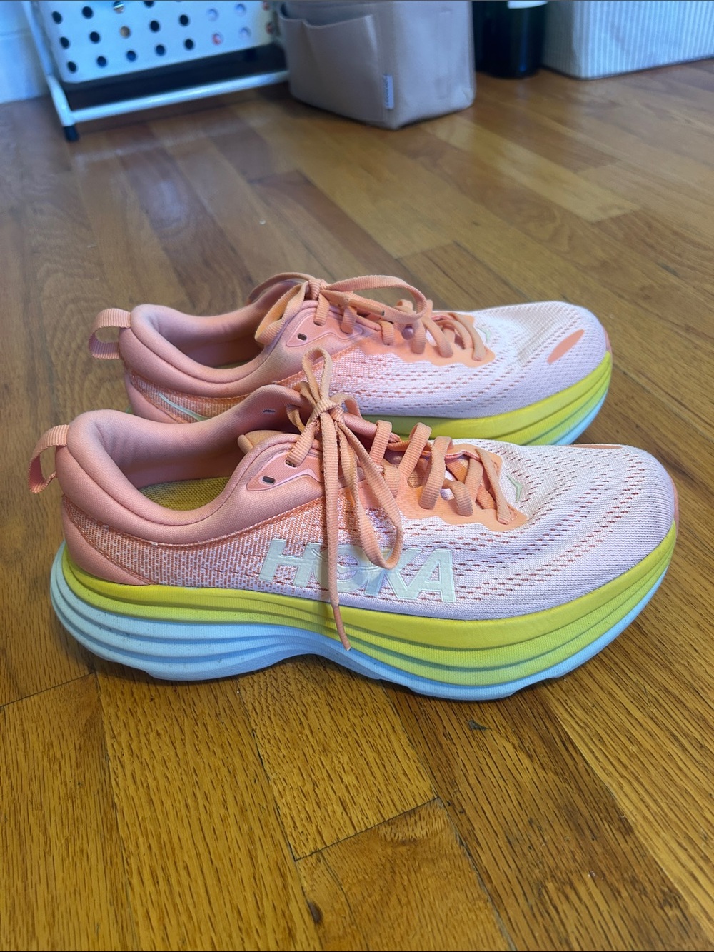 Hoka Bondi 8 Women's Pink Running Shoes with Yellow and Blue Midsole